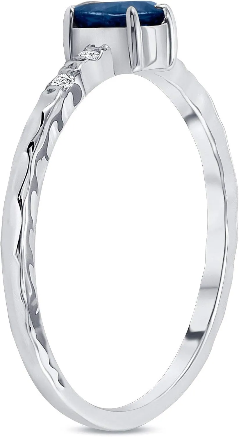 Elegant 10k Gold Diamond and Natural Oval Sapphire Ring, Encrusted With Blue Stone and Four Dainty Diamond Stackable Band Gold Rings for Women, Available in White, Yellow and Rose gold, Made in USA