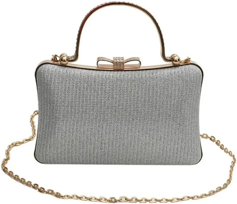 Elegant Evening Clutch Purse with Rhinestone Bow, Chain Strap, Gold Handle, 7.8 x 5.1 inches