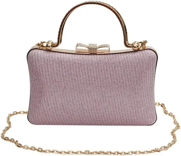 Elegant Evening Clutch Purse with Rhinestone Bow, Chain Strap, Gold Handle, 7.8 x 5.1 inches