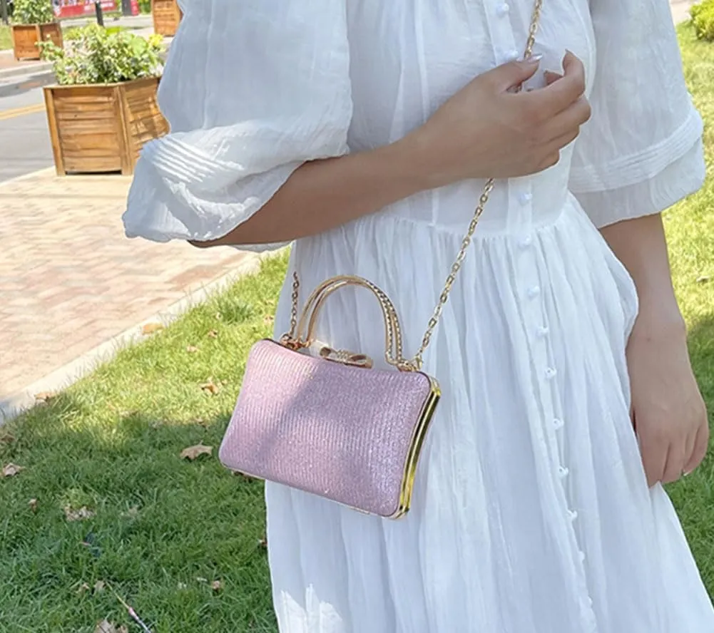 Elegant Evening Clutch Purse with Rhinestone Bow, Chain Strap, Gold Handle, 7.8 x 5.1 inches