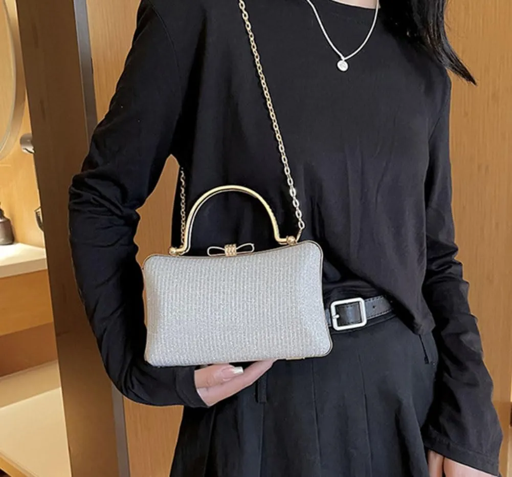 Elegant Evening Clutch Purse with Rhinestone Bow, Chain Strap, Gold Handle, 7.8 x 5.1 inches