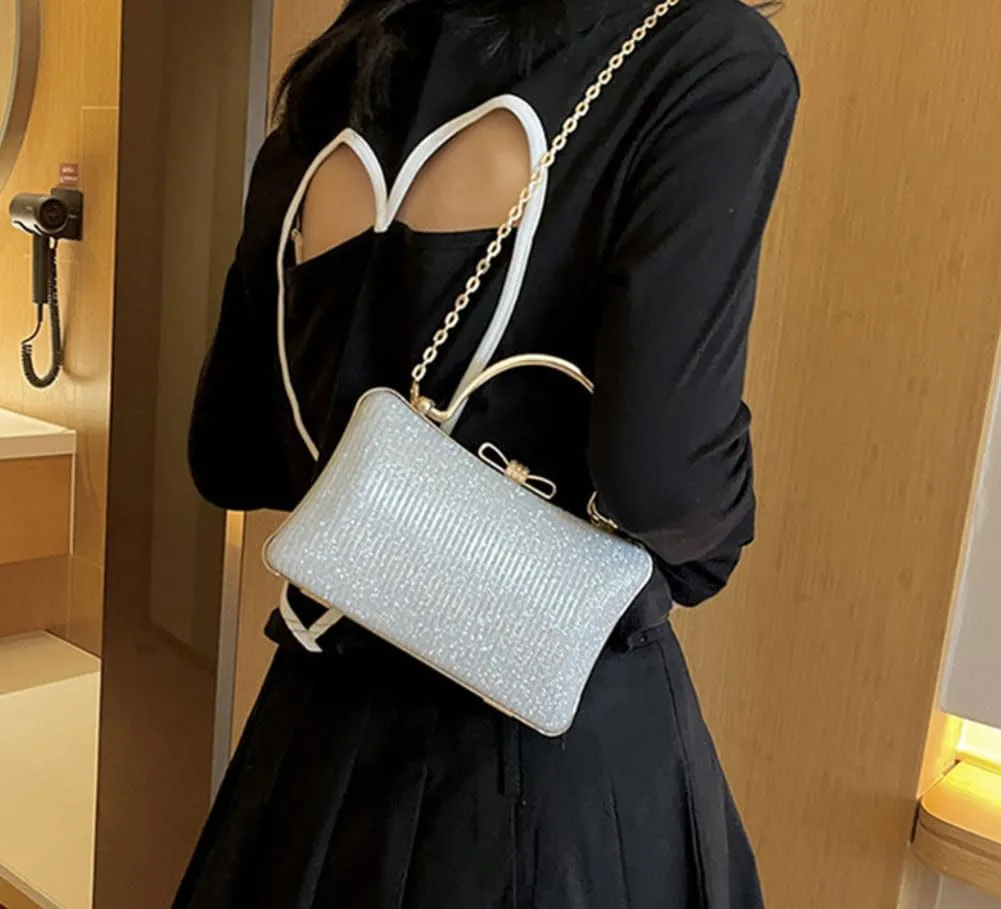 Elegant Evening Clutch Purse with Rhinestone Bow, Chain Strap, Gold Handle, 7.8 x 5.1 inches