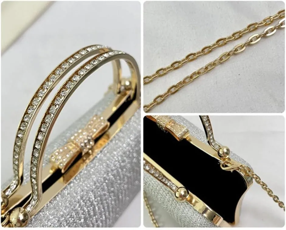 Elegant Evening Clutch Purse with Rhinestone Bow, Chain Strap, Gold Handle, 7.8 x 5.1 inches