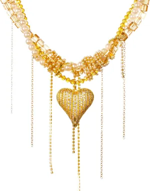 Enjinkail Gold Layered Heart Necklaces for Women Gold Heart Necklaces with Rhinestone Champagne Gold Crystal Necklace with Pearls Gold Heart Jewelry for Women Gifts