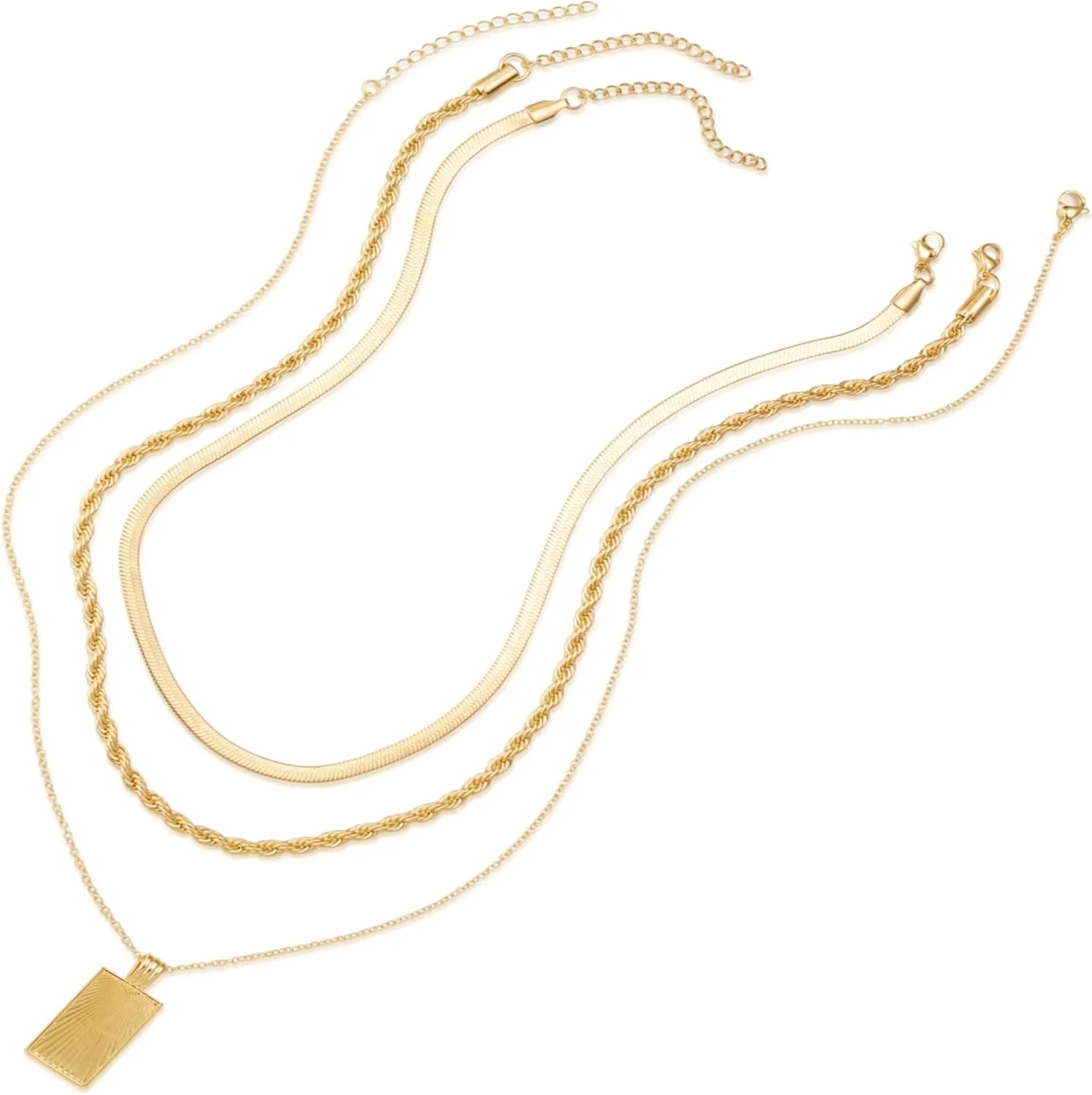 Evabelle Gold Layered Necklace for Women Trendy Jewelry 14K Real Gold Plated Chunky Chain Stackable Necklaces Dainty Choker Necklaces Rectangle Square Pendant Necklace