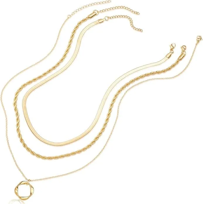 Evabelle Gold Layered Necklace for Women Trendy Jewelry 14K Real Gold Plated Chunky Chain Stackable Necklaces Dainty Choker Necklaces Rectangle Square Pendant Necklace