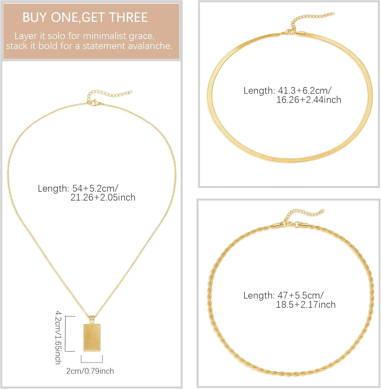 Evabelle Gold Layered Necklace for Women Trendy Jewelry 14K Real Gold Plated Chunky Chain Stackable Necklaces Dainty Choker Necklaces Rectangle Square Pendant Necklace