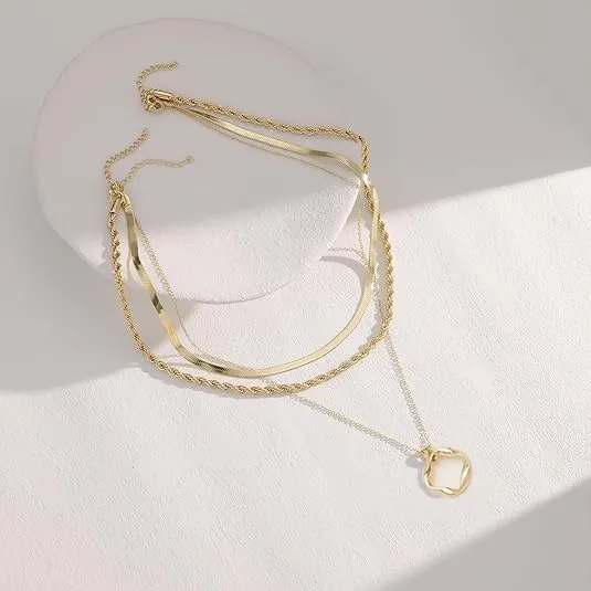 Evabelle Gold Layered Necklace for Women Trendy Jewelry 14K Real Gold Plated Chunky Chain Stackable Necklaces Dainty Choker Necklaces Rectangle Square Pendant Necklace