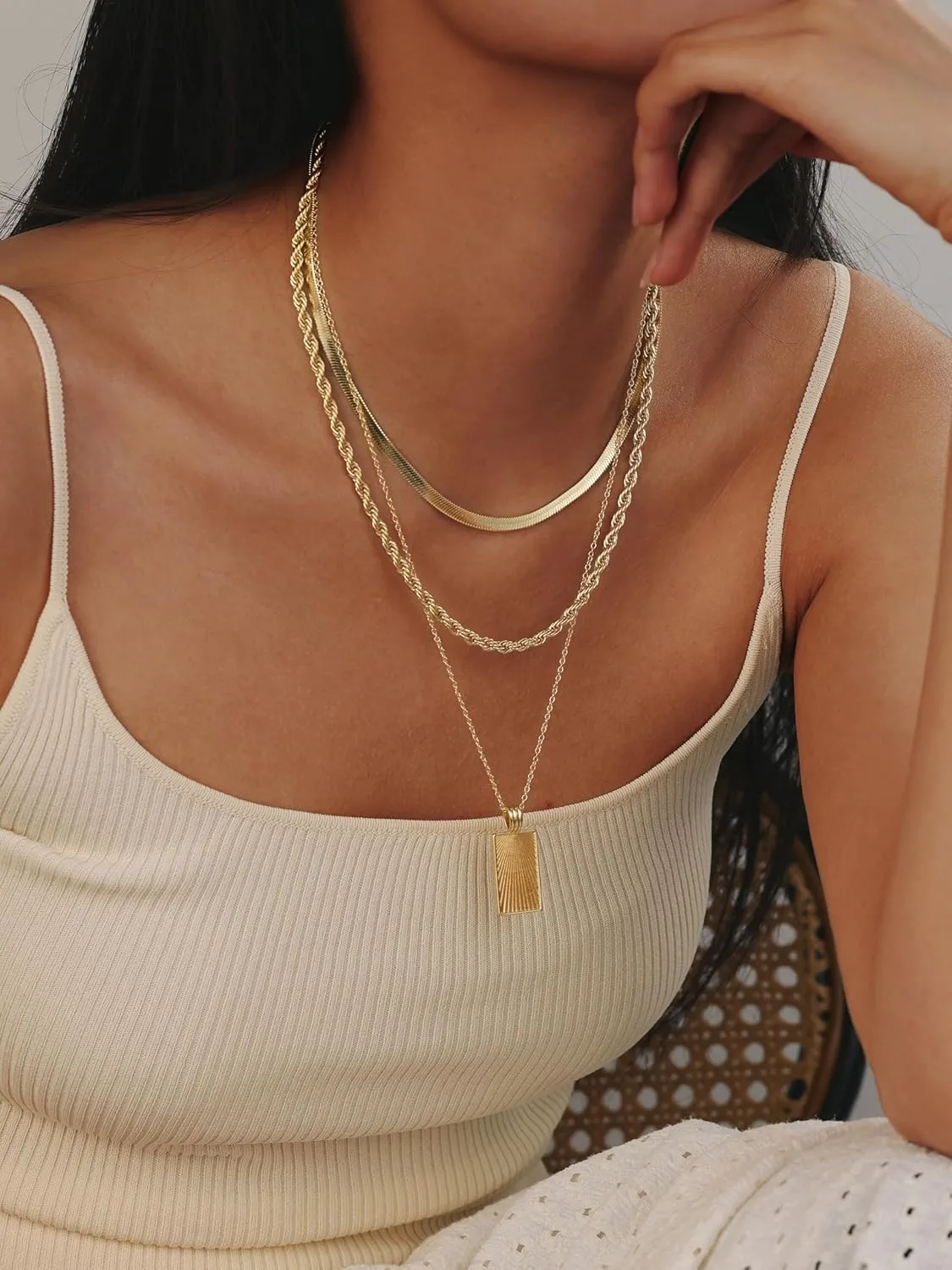 Evabelle Gold Layered Necklace for Women Trendy Jewelry 14K Real Gold Plated Chunky Chain Stackable Necklaces Dainty Choker Necklaces Rectangle Square Pendant Necklace