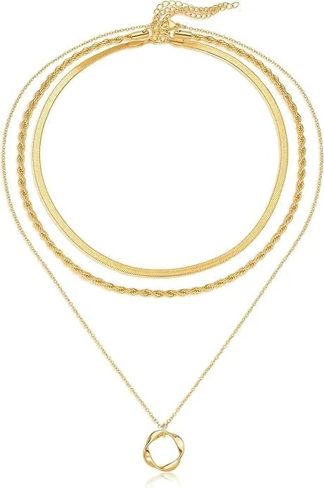 Evabelle Gold Layered Necklace for Women Trendy Jewelry 14K Real Gold Plated Chunky Chain Stackable Necklaces Dainty Choker Necklaces Rectangle Square Pendant Necklace