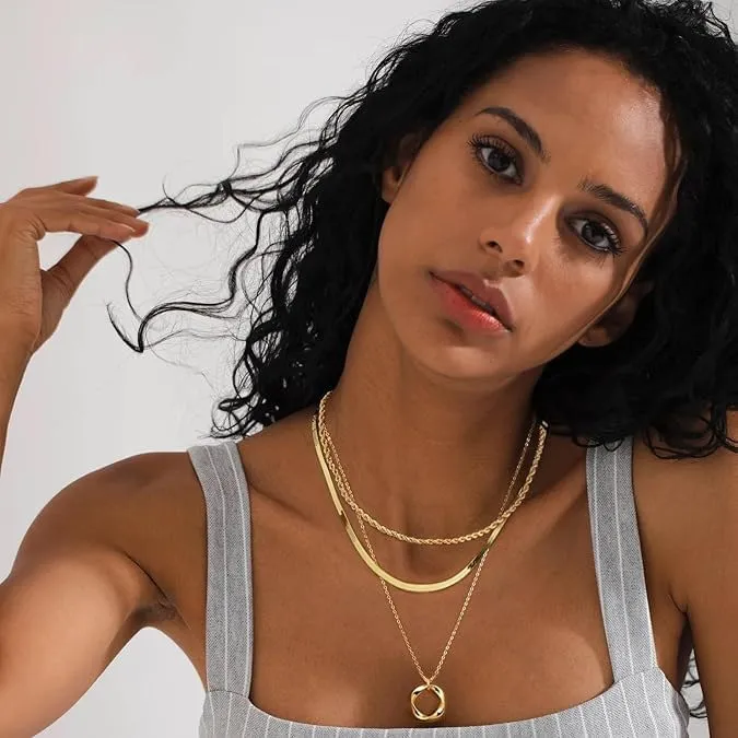 Evabelle Gold Layered Necklace for Women Trendy Jewelry 14K Real Gold Plated Chunky Chain Stackable Necklaces Dainty Choker Necklaces Rectangle Square Pendant Necklace