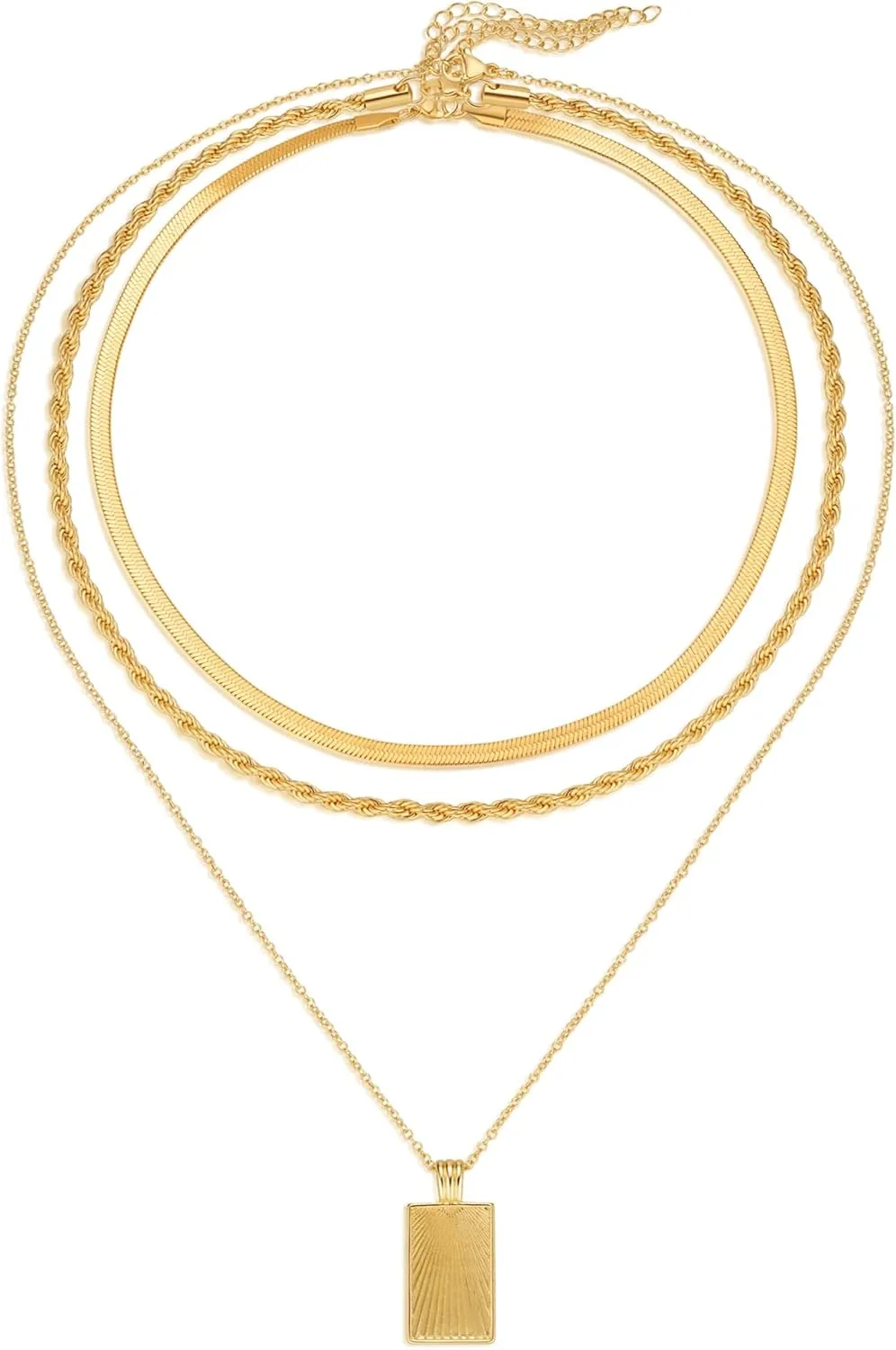 Evabelle Gold Layered Necklace for Women Trendy Jewelry 14K Real Gold Plated Chunky Chain Stackable Necklaces Dainty Choker Necklaces Rectangle Square Pendant Necklace