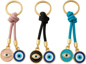 Evil Eye Keychain Gold 3 Pack  Handmade Turkish Gift for Keys and Bags, Authentic Istanbul Souvenir with Blue Nazar Beads and Colorful Cords, Protection Charm, Gold-Tone, for Women and Men