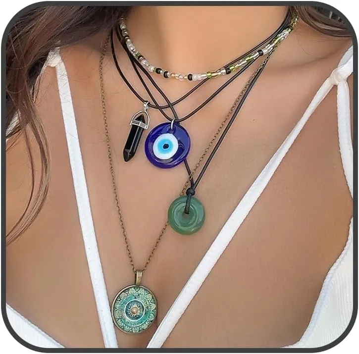 Evil Eye Pendant Necklace for Women Men Statement Glass Leather Rope Chain Necklaces Stack Retro Pendant Chain Necklace Adjustable Dainty Link Chain Multilaye Necklaces