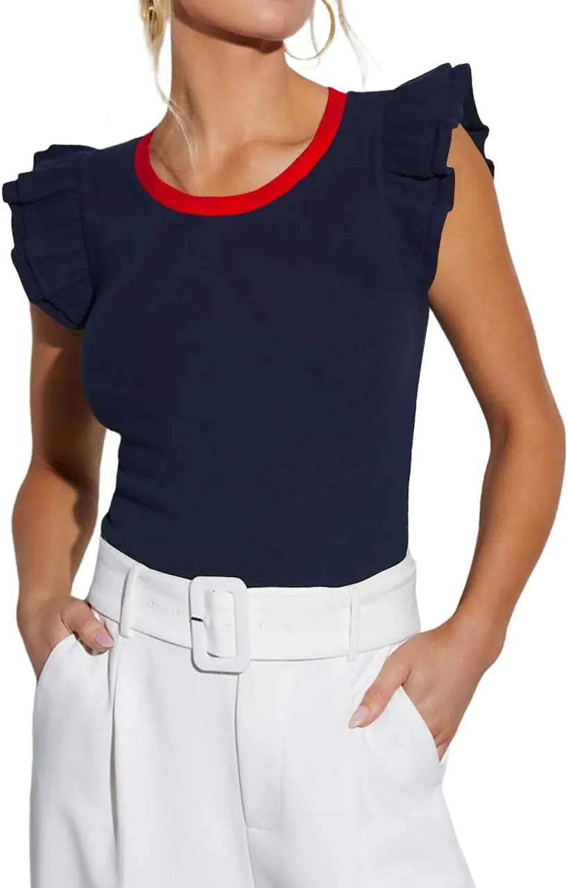 Ezbelle Women's Summer Tank Tops Ruffle Shirts Ribbed Knit Sleeveless Blouse Sexy Tshirt Trendy Outfits 2025
