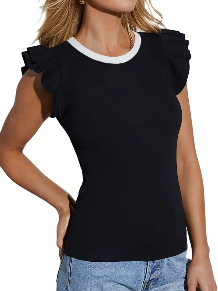 Ezbelle Women's Summer Tank Tops Ruffle Shirts Ribbed Knit Sleeveless Blouse Sexy Tshirt Trendy Outfits 2025