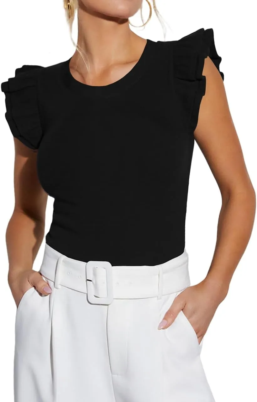 Ezbelle Women's Summer Tank Tops Ruffle Shirts Ribbed Knit Sleeveless Blouse Sexy Tshirt Trendy Outfits 2025