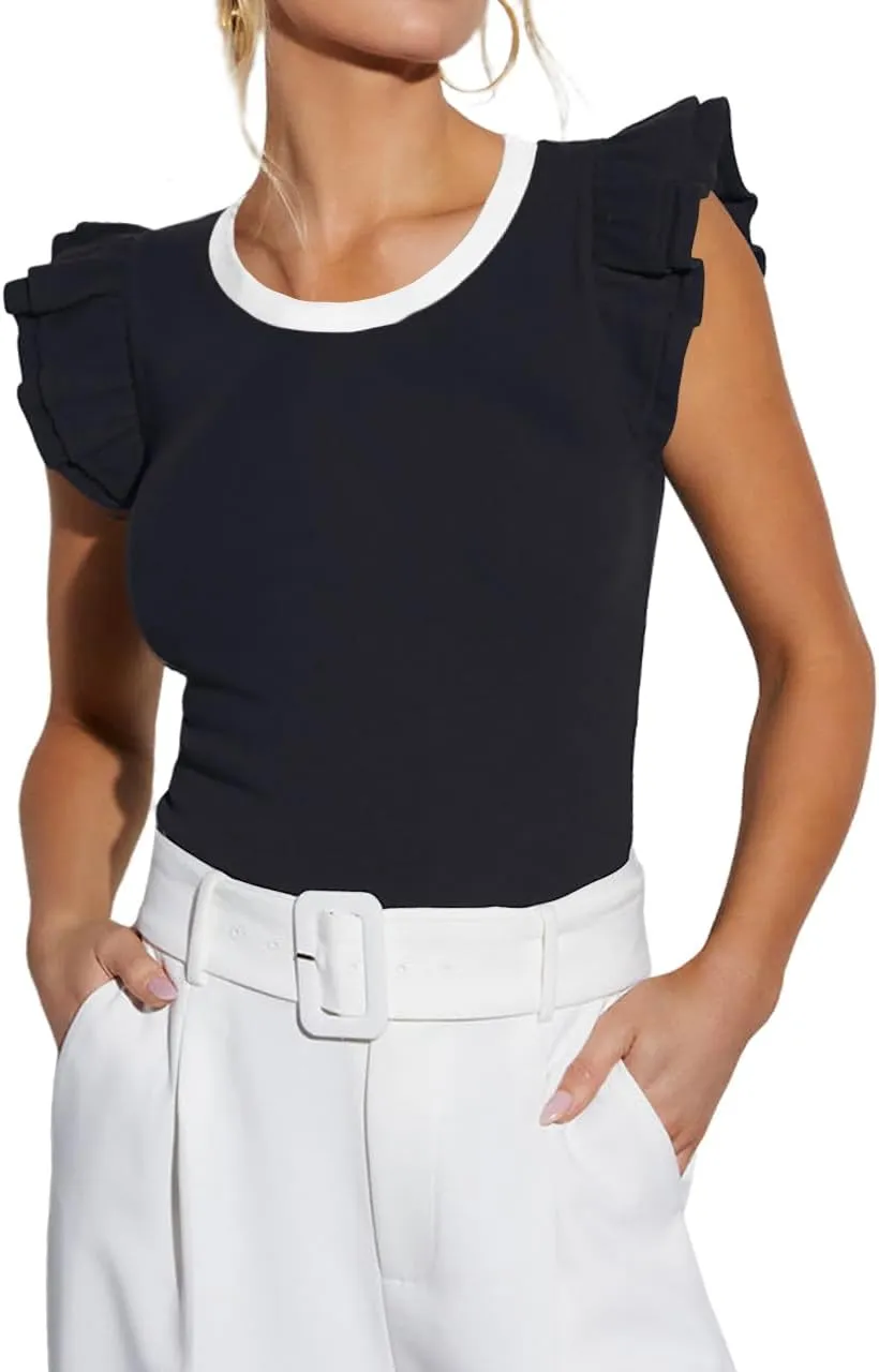 Ezbelle Women's Summer Tank Tops Ruffle Shirts Ribbed Knit Sleeveless Blouse Sexy Tshirt Trendy Outfits 2025