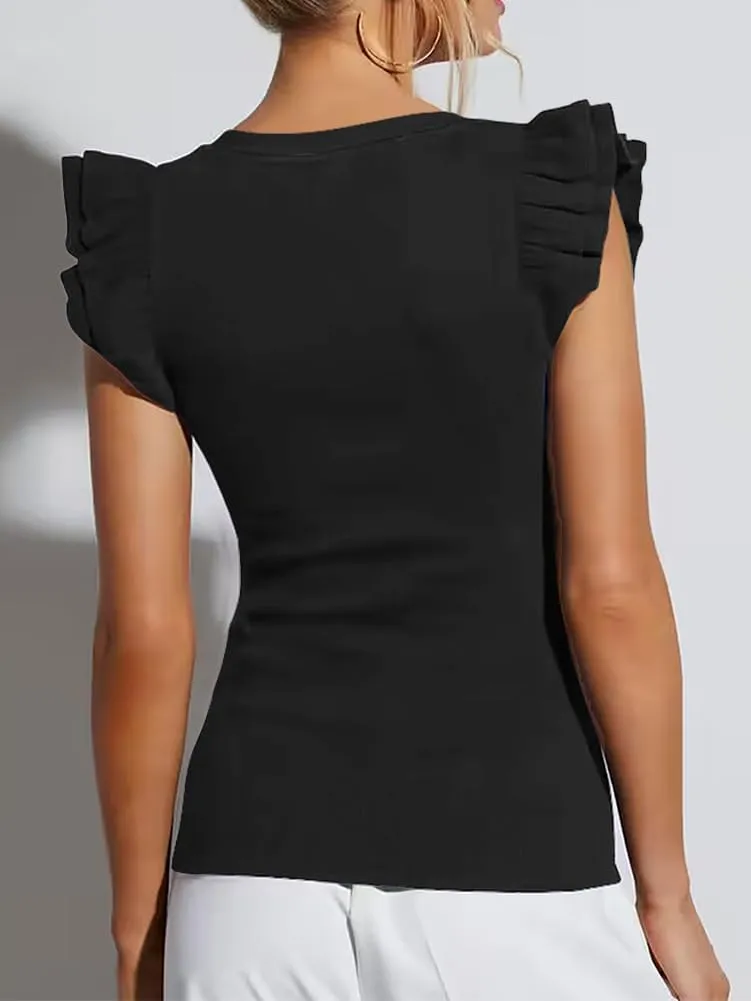Ezbelle Women's Summer Tank Tops Ruffle Shirts Ribbed Knit Sleeveless Blouse Sexy Tshirt Trendy Outfits 2025