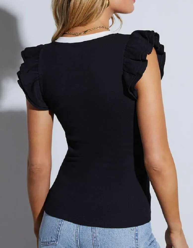 Ezbelle Women's Summer Tank Tops Ruffle Shirts Ribbed Knit Sleeveless Blouse Sexy Tshirt Trendy Outfits 2025