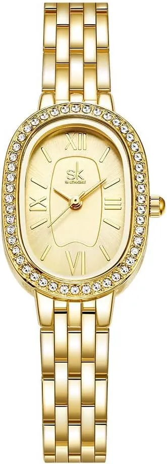 FANMIS Elegant Oval-Shaped Dress Watch Crystal-Accented Gold Watch Modern Minimalist Design Waterproof Vintage Bracelet Watch