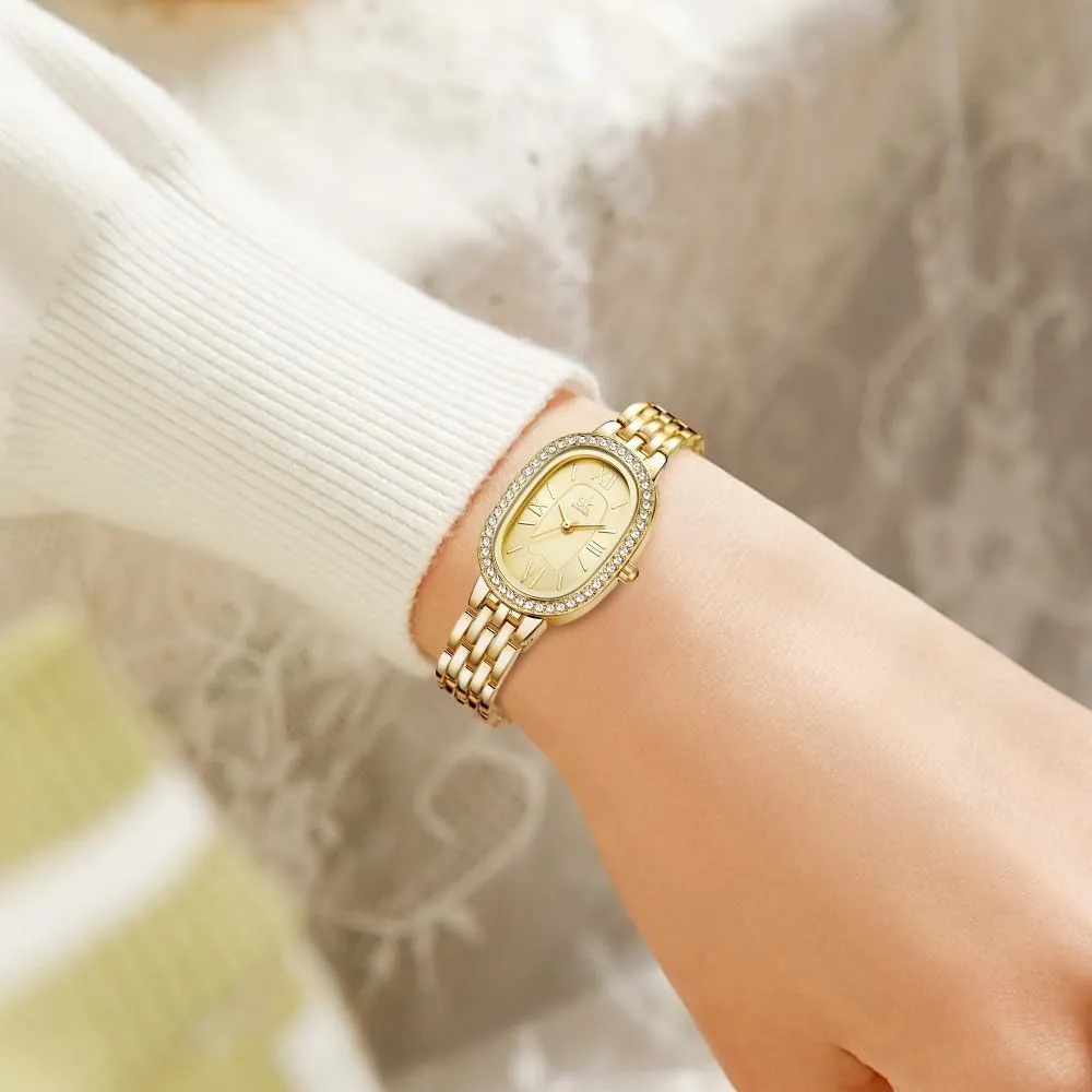 FANMIS Elegant Oval-Shaped Dress Watch Crystal-Accented Gold Watch Modern Minimalist Design Waterproof Vintage Bracelet Watch