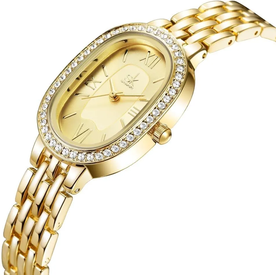 FANMIS Elegant Oval-Shaped Dress Watch Crystal-Accented Gold Watch Modern Minimalist Design Waterproof Vintage Bracelet Watch