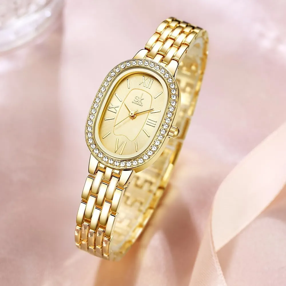 FANMIS Elegant Oval-Shaped Dress Watch Crystal-Accented Gold Watch Modern Minimalist Design Waterproof Vintage Bracelet Watch