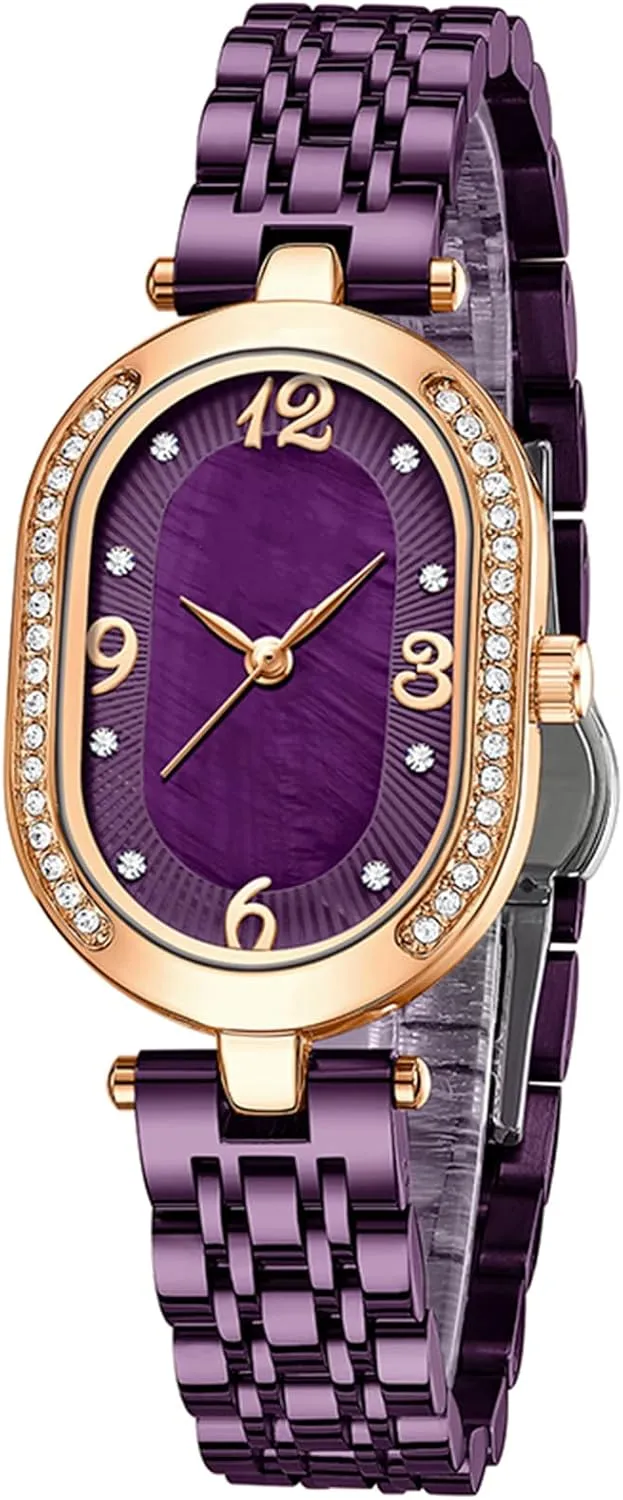 FANMIS Women's Luxury Dress Rhinestone Stainless Steel Waterproof Quartz Date Luminous Casual Watch Silver Green (Purple A)