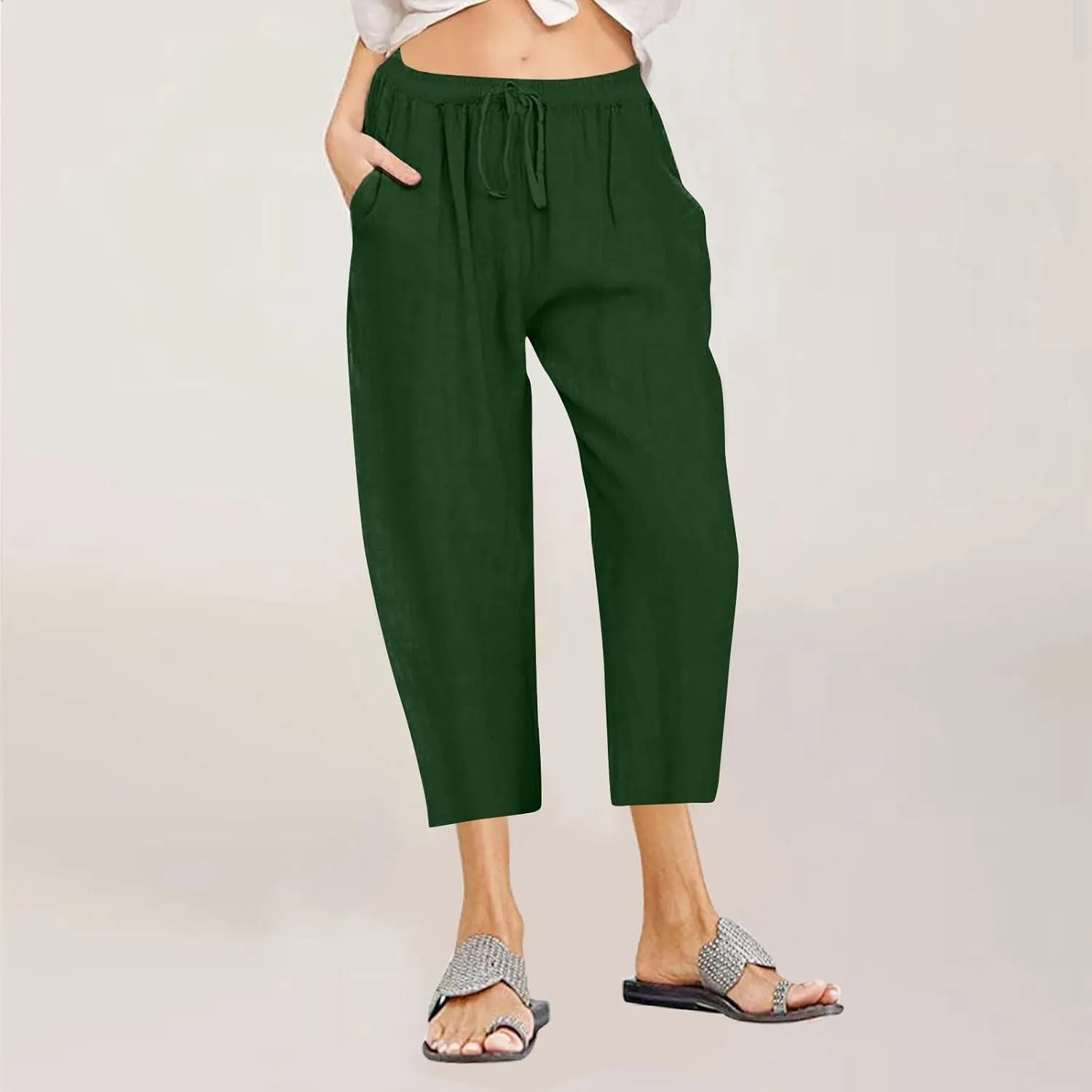 fartey Women's Capri Pants Lightweight Comfort Drawstring High Waist Linen Pants Straight Leg Loose Casual Capris Trouser