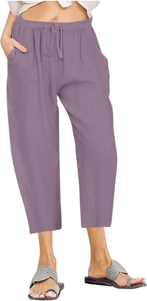 fartey Women's Capri Pants Lightweight Comfort Drawstring High Waist Linen Pants Straight Leg Loose Casual Capris Trouser