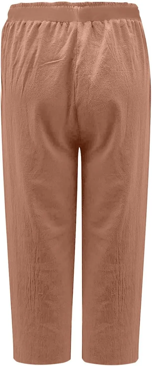 fartey Women's Capri Pants Lightweight Comfort Drawstring High Waist Linen Pants Straight Leg Loose Casual Capris Trouser