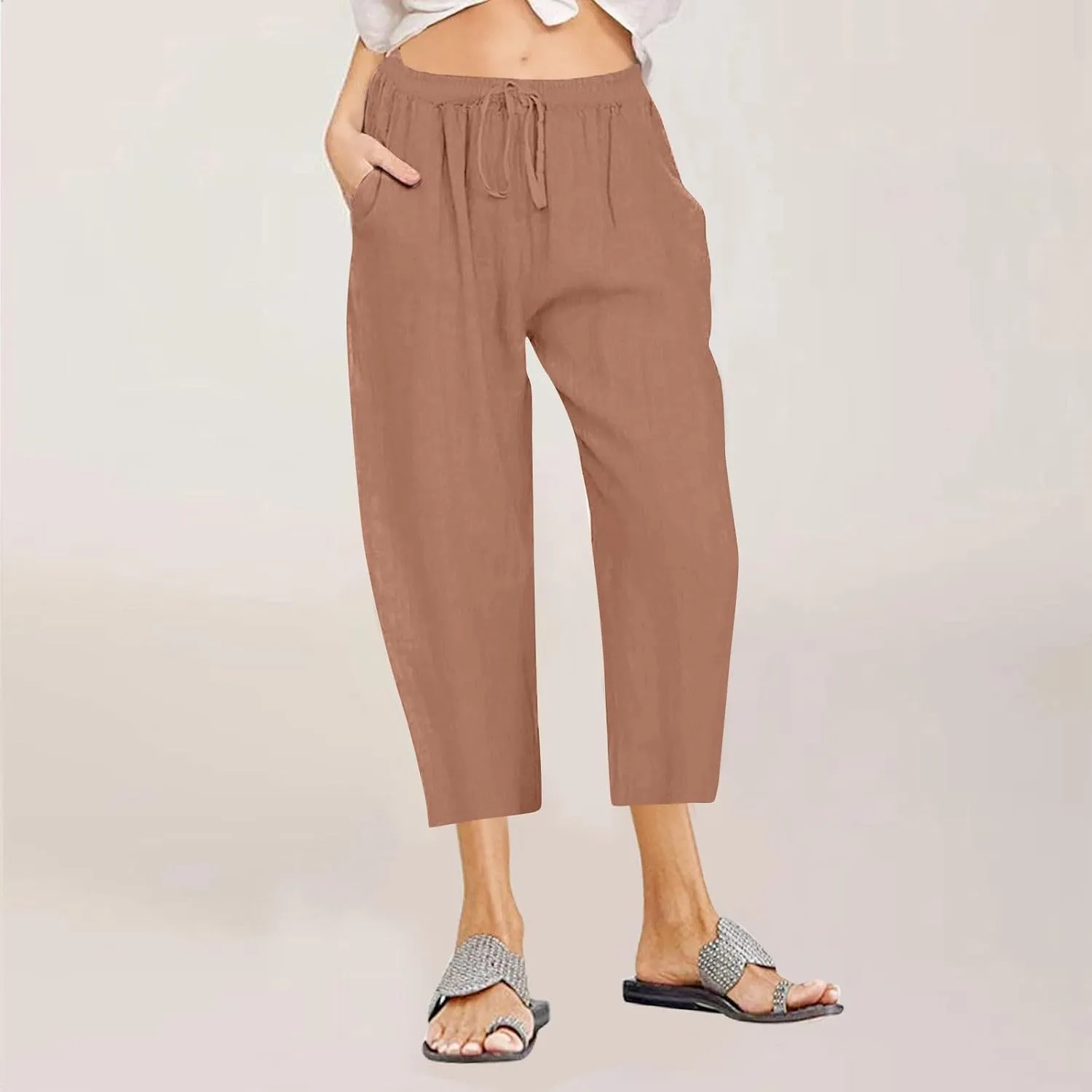 fartey Women's Capri Pants Lightweight Comfort Drawstring High Waist Linen Pants Straight Leg Loose Casual Capris Trouser