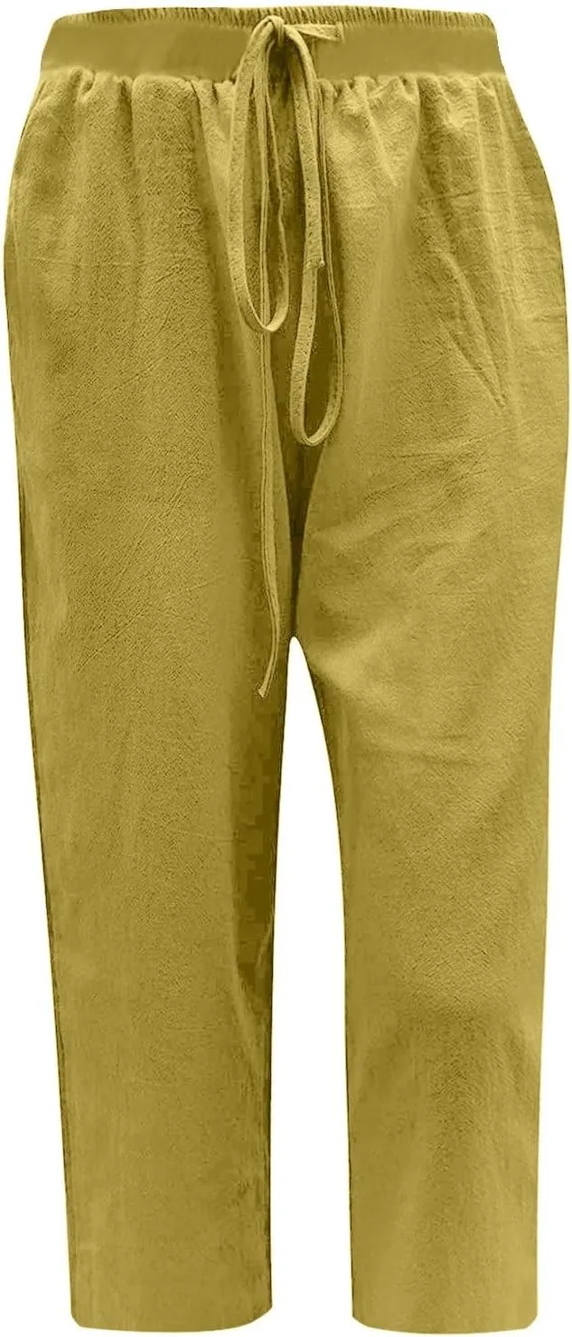 fartey Women's Capri Pants Lightweight Comfort Drawstring High Waist Linen Pants Straight Leg Loose Casual Capris Trouser