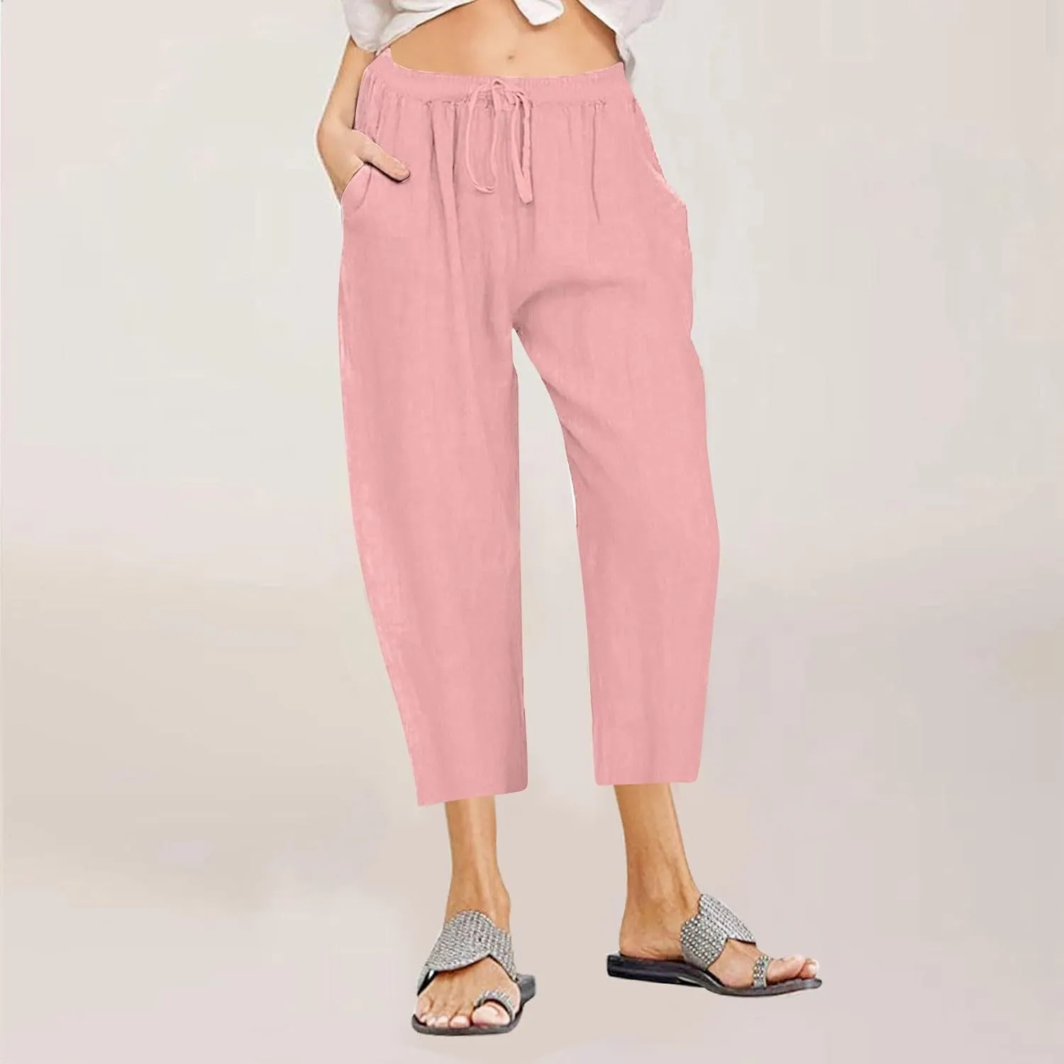 fartey Women's Capri Pants Lightweight Comfort Drawstring High Waist Linen Pants Straight Leg Loose Casual Capris Trouser