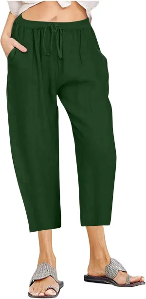 fartey Women's Capri Pants Lightweight Comfort Drawstring High Waist Linen Pants Straight Leg Loose Casual Capris Trouser