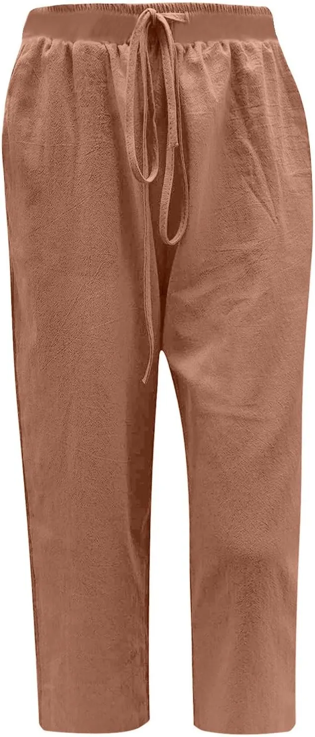 fartey Women's Capri Pants Lightweight Comfort Drawstring High Waist Linen Pants Straight Leg Loose Casual Capris Trouser