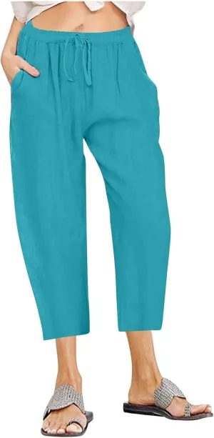 fartey Women's Capri Pants Lightweight Comfort Drawstring High Waist Linen Pants Straight Leg Loose Casual Capris Trouser
