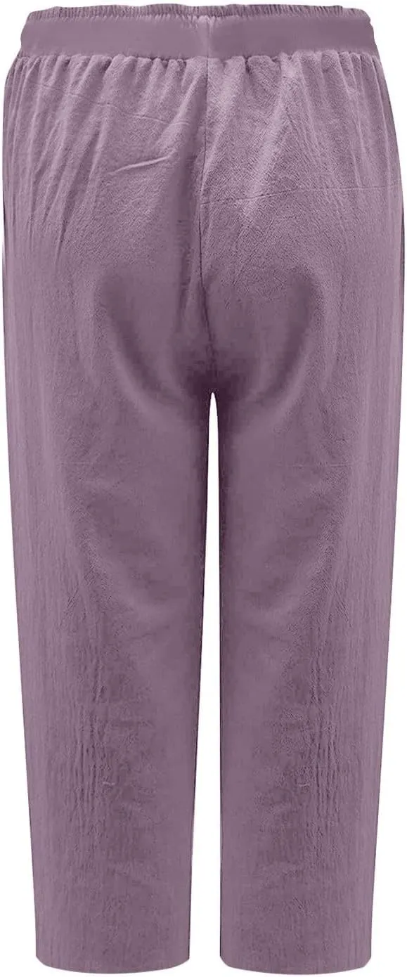 fartey Women's Capri Pants Lightweight Comfort Drawstring High Waist Linen Pants Straight Leg Loose Casual Capris Trouser