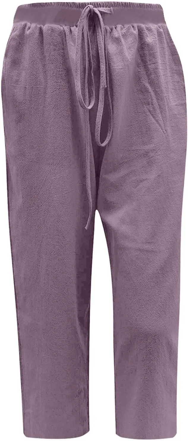fartey Women's Capri Pants Lightweight Comfort Drawstring High Waist Linen Pants Straight Leg Loose Casual Capris Trouser