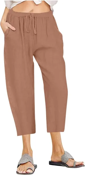 fartey Women's Capri Pants Lightweight Comfort Drawstring High Waist Linen Pants Straight Leg Loose Casual Capris Trouser