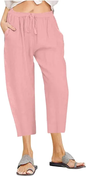 fartey Women's Capri Pants Lightweight Comfort Drawstring High Waist Linen Pants Straight Leg Loose Casual Capris Trouser
