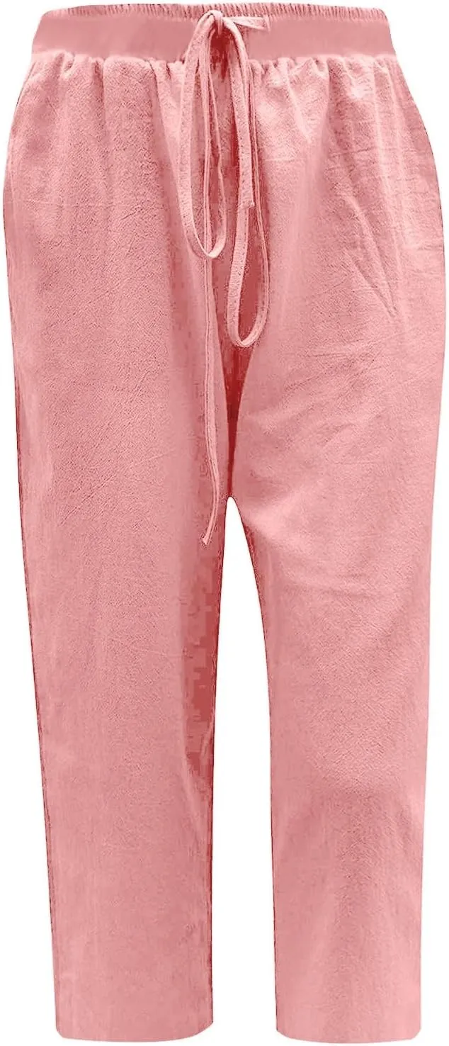 fartey Women's Capri Pants Lightweight Comfort Drawstring High Waist Linen Pants Straight Leg Loose Casual Capris Trouser