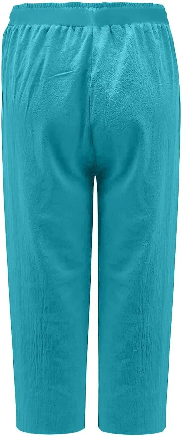 fartey Women's Capri Pants Lightweight Comfort Drawstring High Waist Linen Pants Straight Leg Loose Casual Capris Trouser