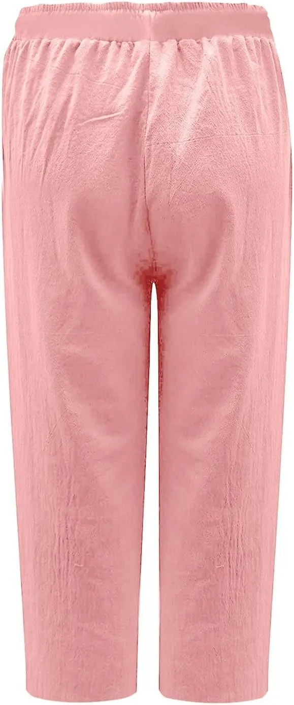 fartey Women's Capri Pants Lightweight Comfort Drawstring High Waist Linen Pants Straight Leg Loose Casual Capris Trouser