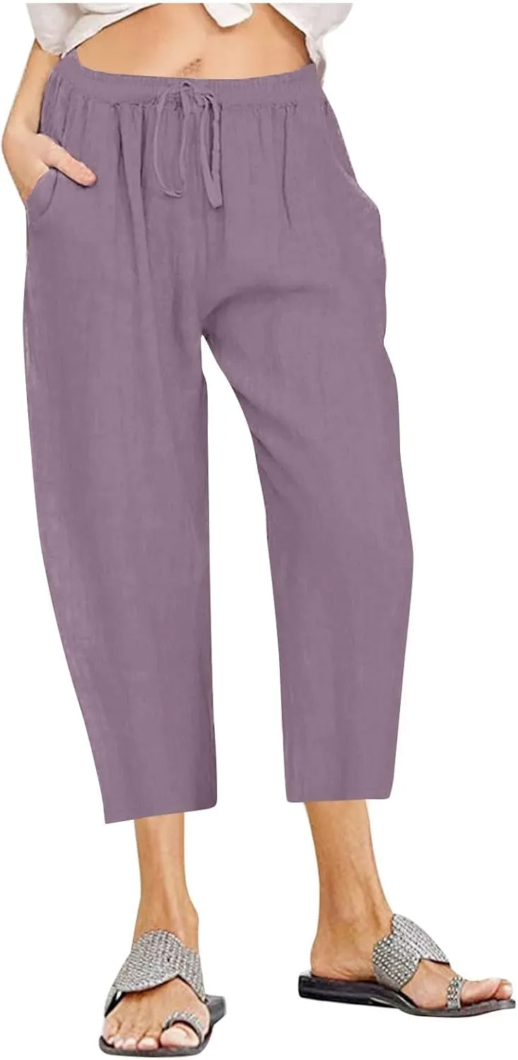 fartey Women's Capri Pants Lightweight Comfort Drawstring High Waist Linen Pants Straight Leg Loose Casual Capris Trouser