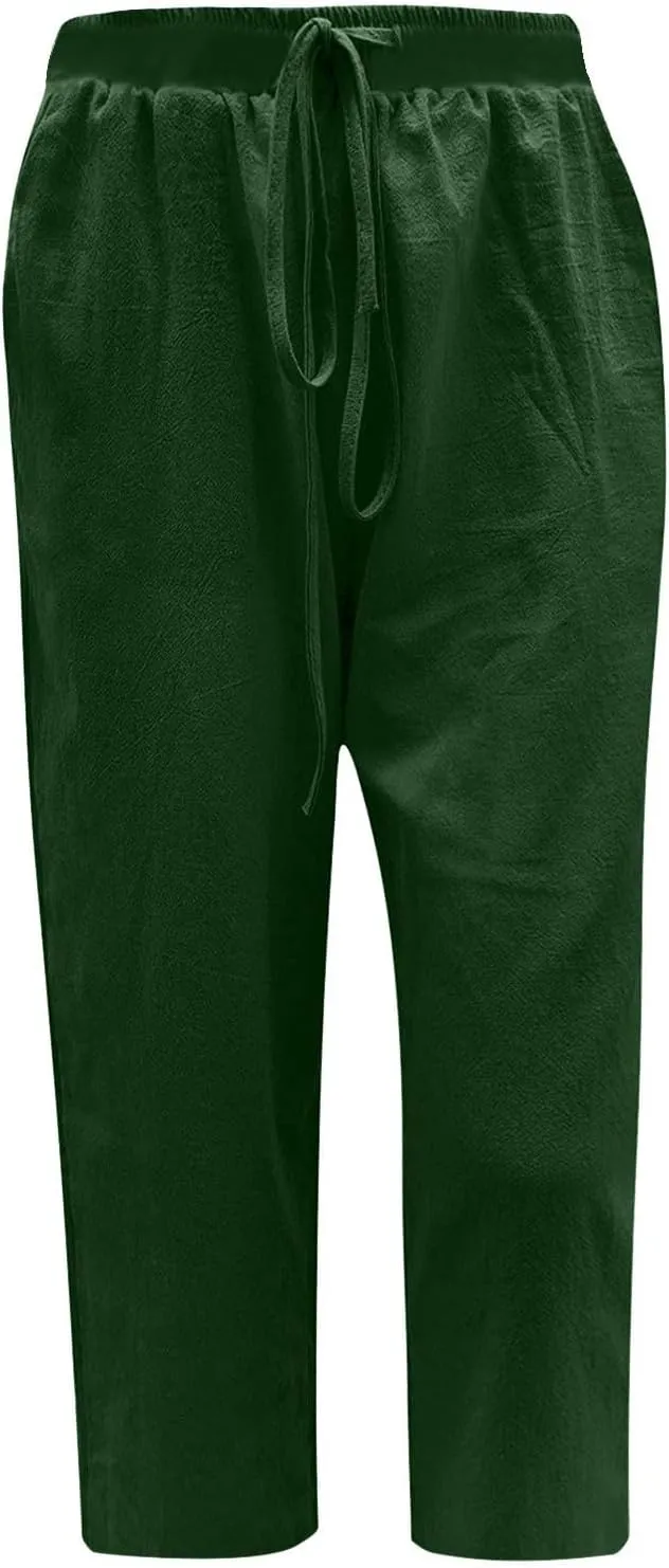 fartey Women's Capri Pants Lightweight Comfort Drawstring High Waist Linen Pants Straight Leg Loose Casual Capris Trouser
