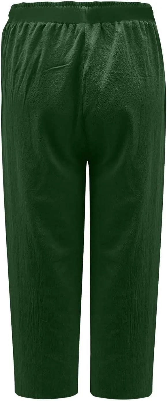 fartey Women's Capri Pants Lightweight Comfort Drawstring High Waist Linen Pants Straight Leg Loose Casual Capris Trouser