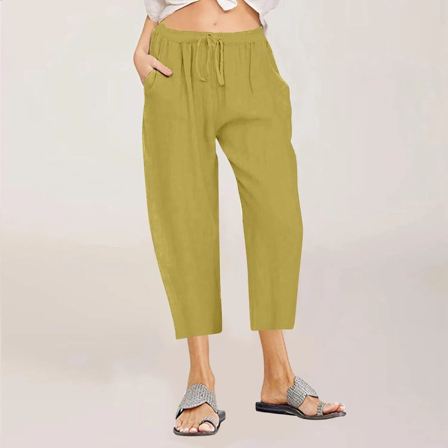 fartey Women's Capri Pants Lightweight Comfort Drawstring High Waist Linen Pants Straight Leg Loose Casual Capris Trouser