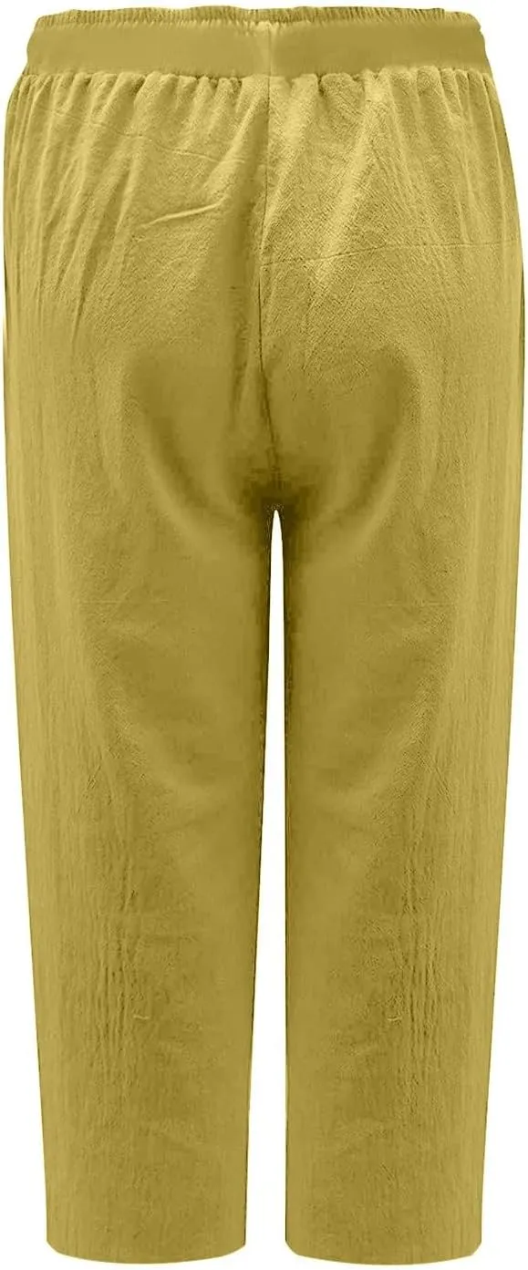 fartey Women's Capri Pants Lightweight Comfort Drawstring High Waist Linen Pants Straight Leg Loose Casual Capris Trouser